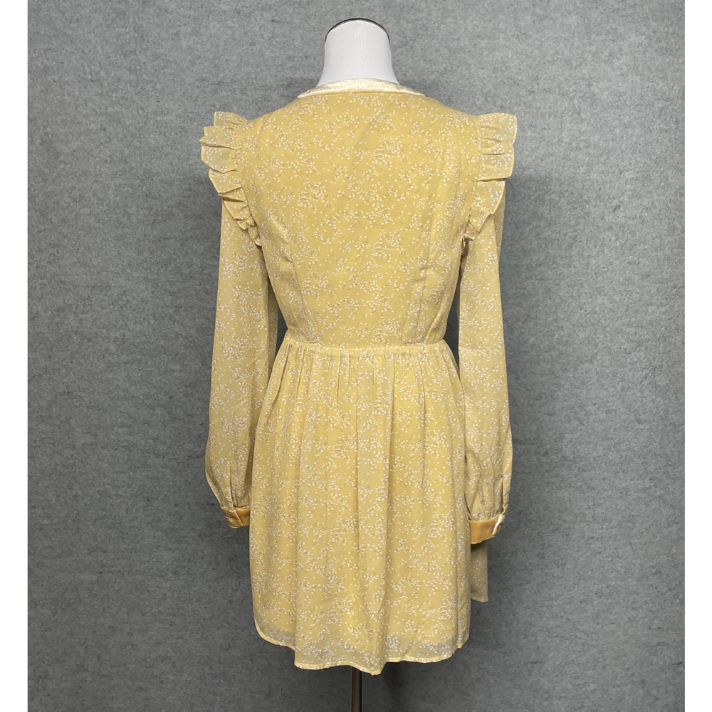 Lulus Yellow Floral Cutout Mini Dress Sz M Velvet Trim Long Slv Whimsy Romantic - Picture 5 of 13